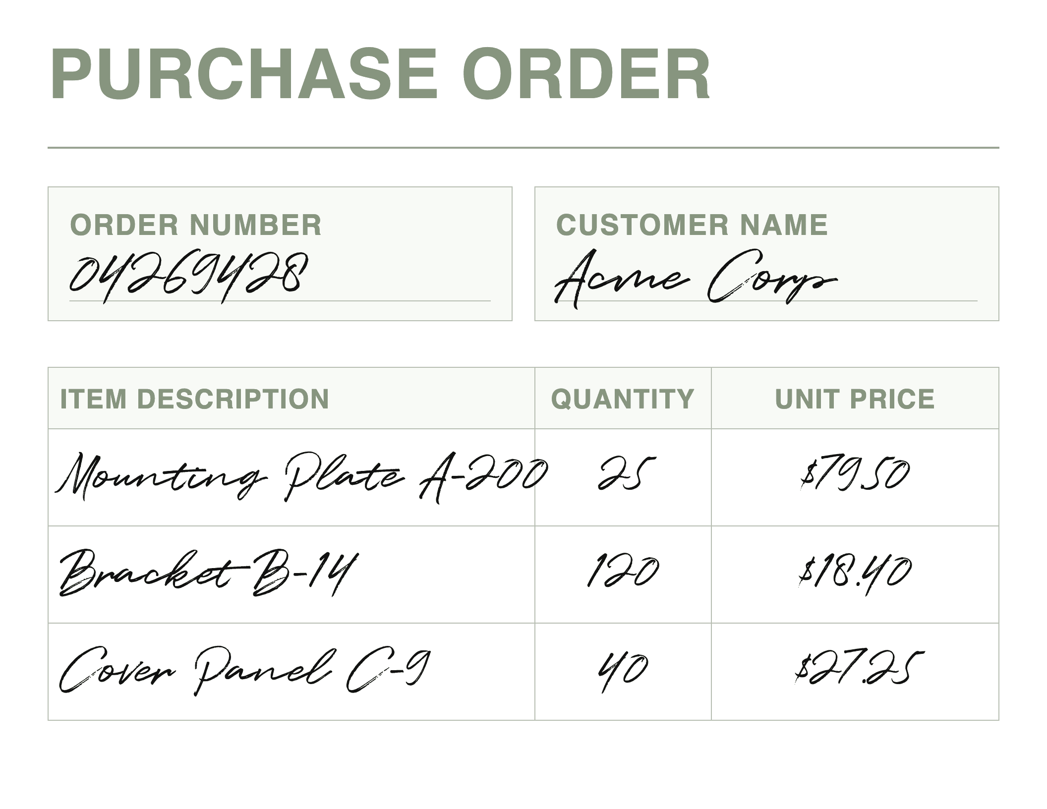 Handwritten purchase order
